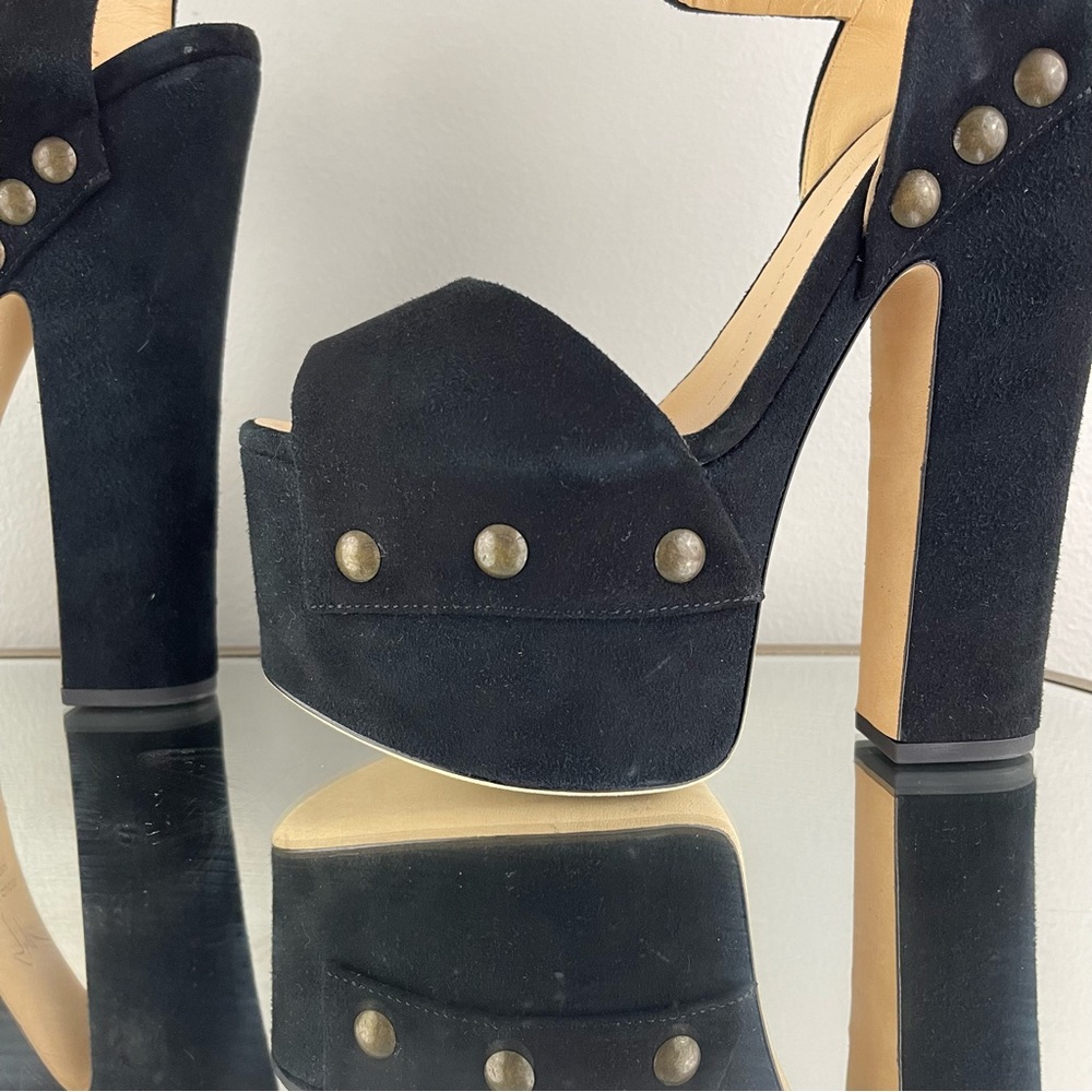 GIUSEPPE ZANOTTI Black Suede Brass Stud Betty Alien Platform Peep Toe Heels - Picture 10 of 14